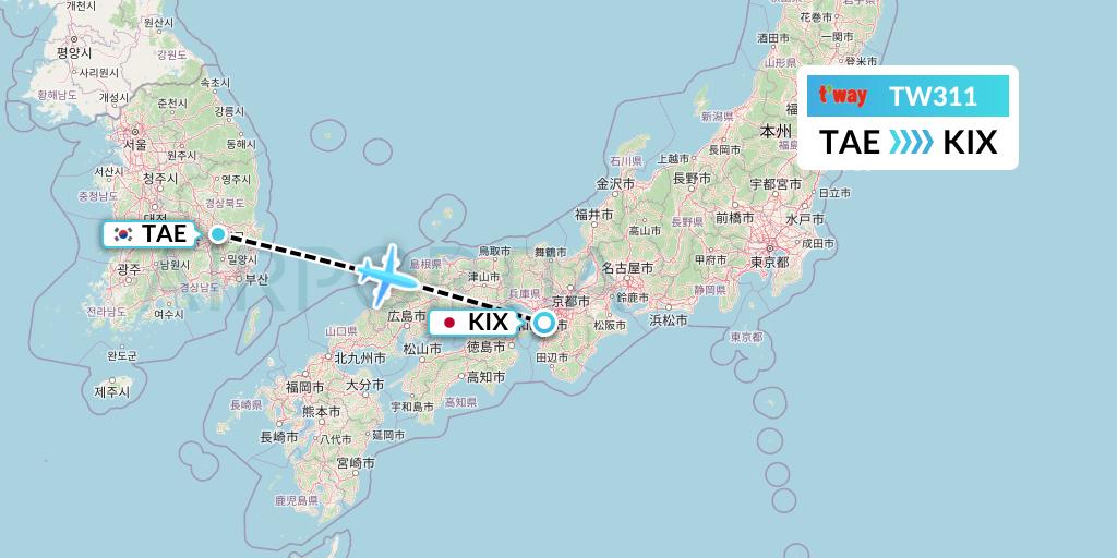 TW311 T'way Air Flight Map: Daegu to Osaka