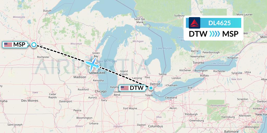 DL4625 Delta Air Lines Flight Map: Detroit to Minneapolis