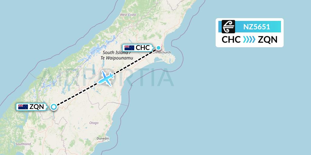 NZ5651 Air New Zealand Flight Map: Christchurch to Queenstown