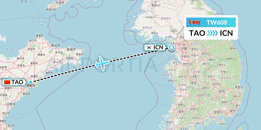 TW608 T'way Air Flight Map: Qingdao to Seoul