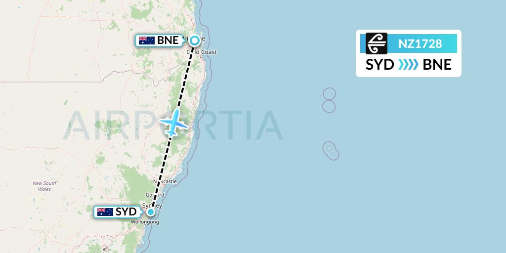 NZ1728 Air New Zealand Flight Map: Sydney to Brisbane