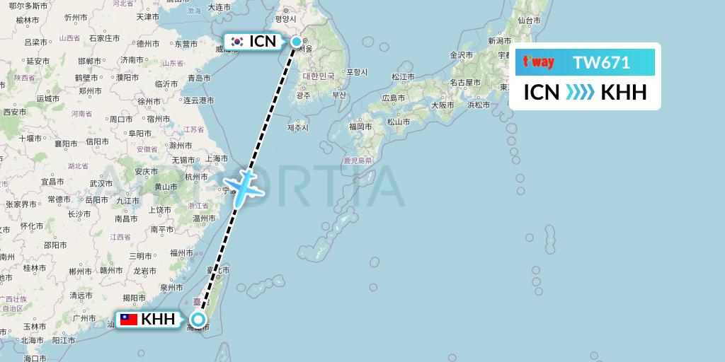 TW671 T'way Air Flight Map: Seoul to Kaohsiung