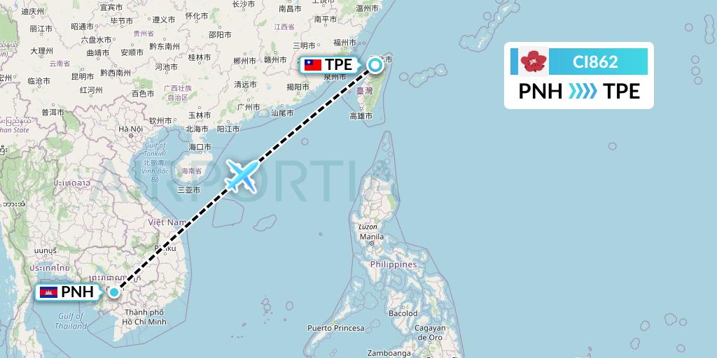 CI862 China Airlines Flight Map: Phnom Penh to Taipei