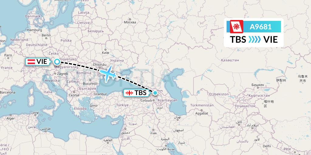 A9681 Georgian Airways Flight Map: Tbilisi to Vienna