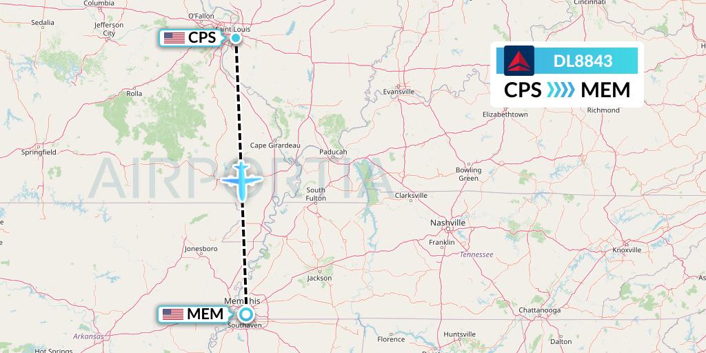 DL8843 Delta Air Lines Flight Map: St. Louis to Memphis