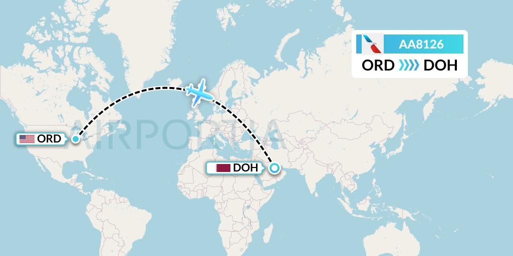AA8126 American Airlines Flight Map: Chicago to Doha