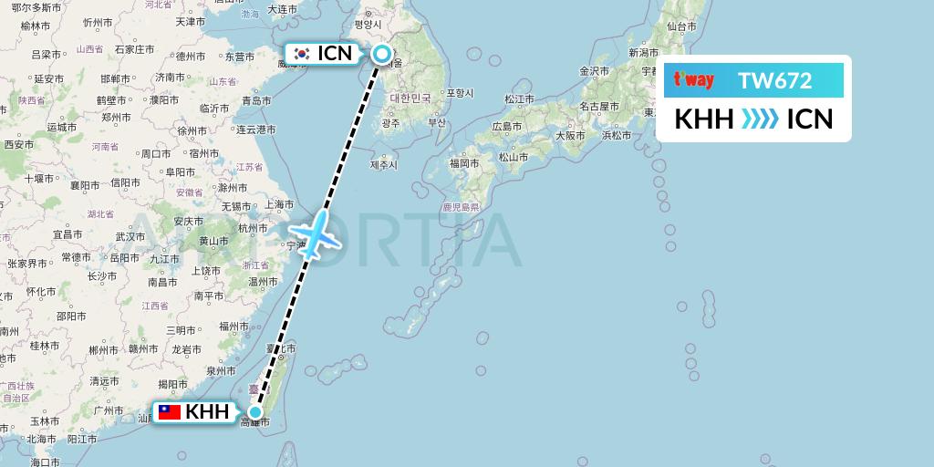 TW672 T'way Air Flight Map: Kaohsiung to Seoul