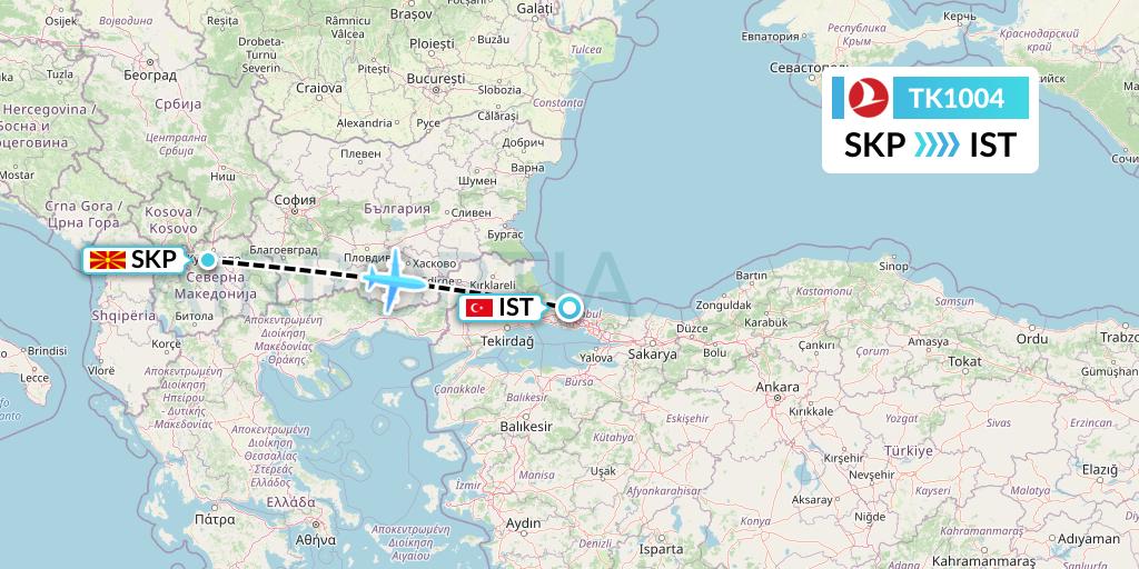TK1004 Turkish Airlines Flight Map: Skopje to Istanbul