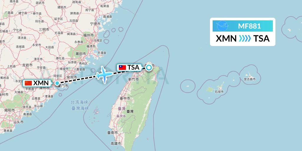 MF881 Xiamen Airlines Flight Map: Xiamen to Taipei