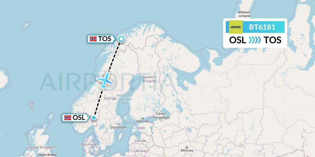 BT6181 Air Baltic Flight Map: Oslo to Tromso