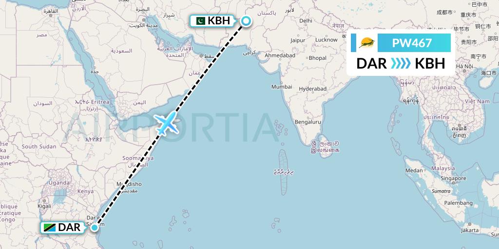 PW467 Precision Air Flight Map: Dar-es-Salaam to Kalat