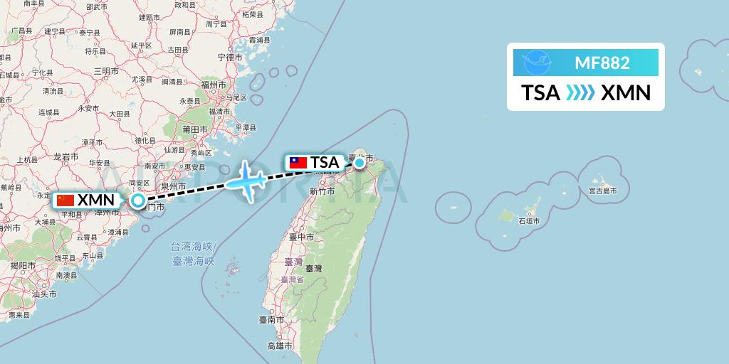MF882 Xiamen Airlines Flight Map: Taipei to Xiamen