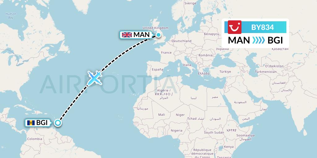 BY834 TUI Airways Flight Map: Manchester to Bridgetown