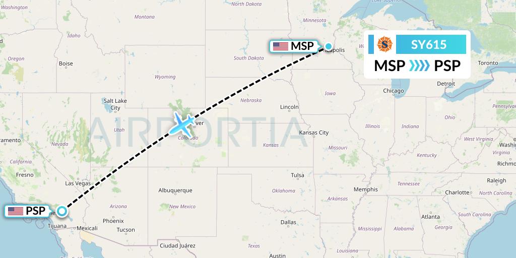 SY615 Sun Country Airlines Flight Map: Minneapolis to Palm Springs