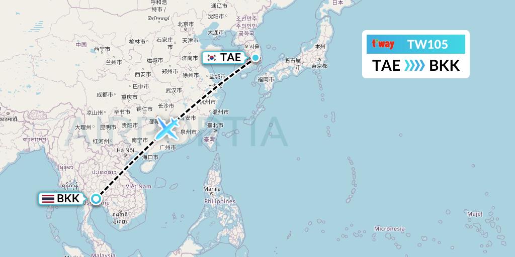 TW105 T'way Air Flight Map: Daegu to Bangkok