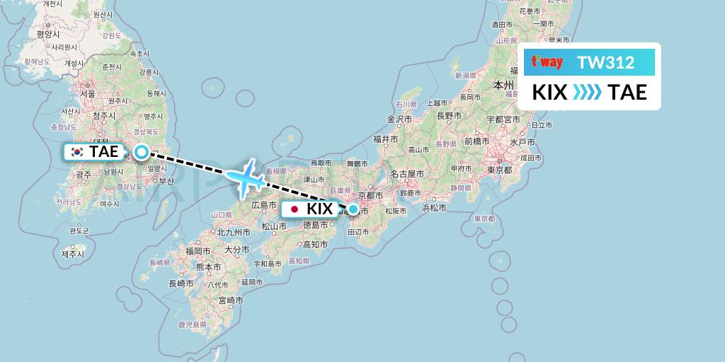TW312 T'way Air Flight Map: Osaka to Daegu