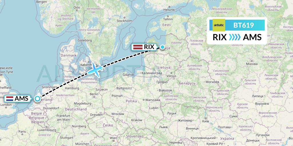 BT619 Air Baltic Flight Map: Riga to Amsterdam