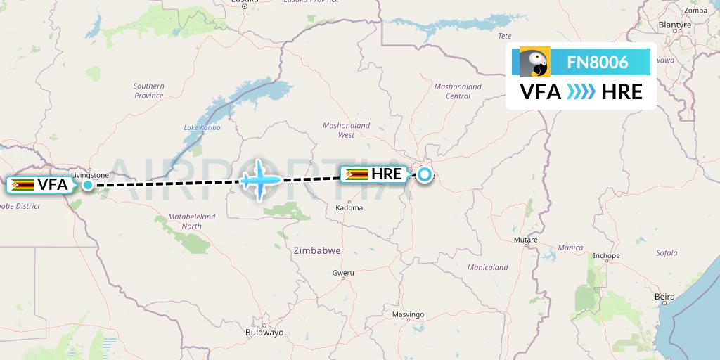 FN8006 Fastjet Flight Map: Victoria Falls to Harare