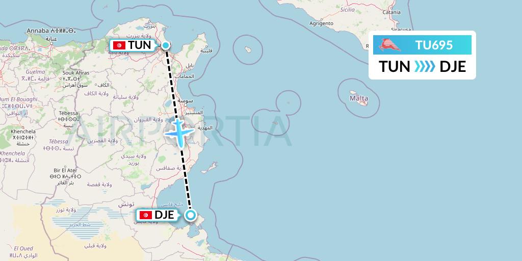 TU695 Tunisair Flight Map: Tunis to Djerba