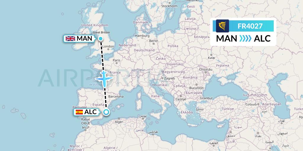 FR4027 Ryanair Flight Map: Manchester to Alicante