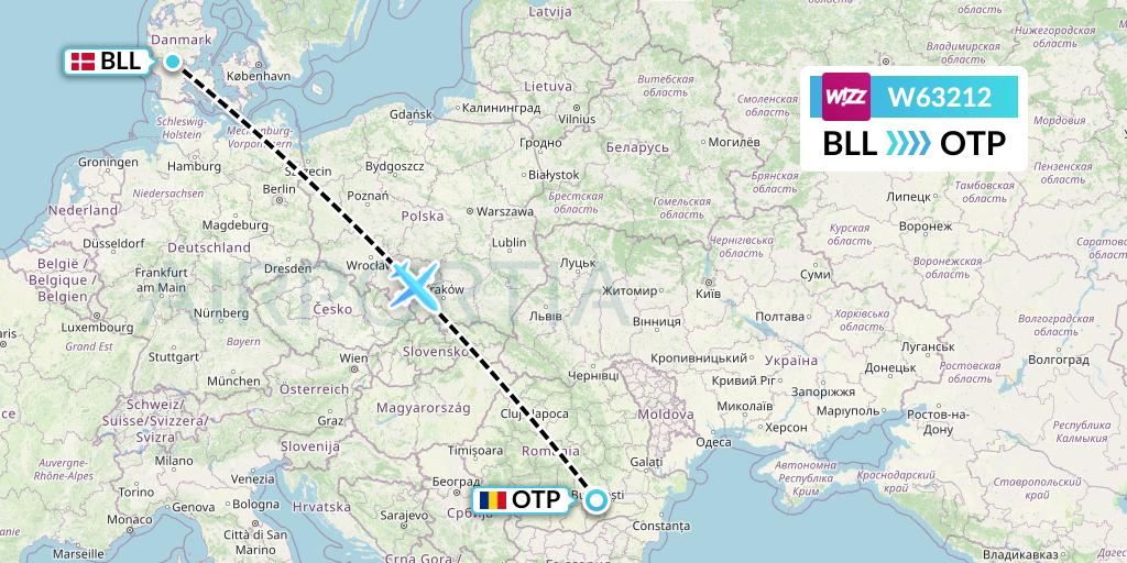 W63212 Wizz Air Flight Map: Billund to Bucharest
