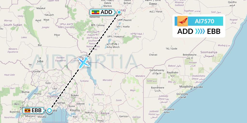AI7570 Air India Flight Map: Addis Ababa to Entebbe