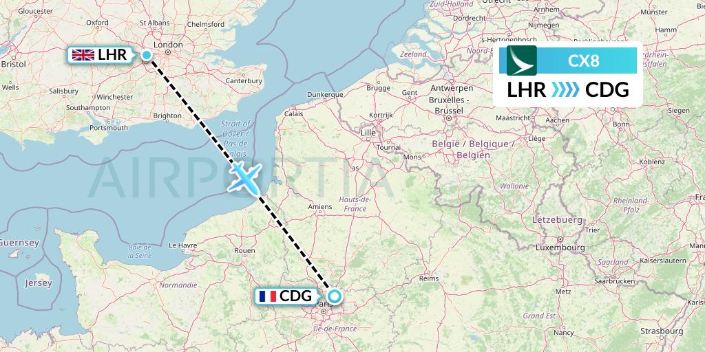 CX8 Cathay Pacific Flight Map: London to Paris