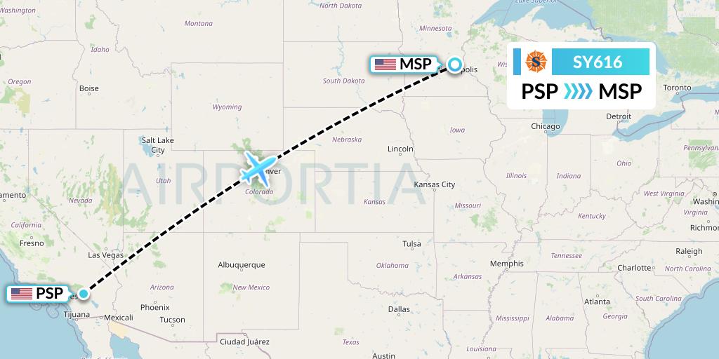 SY616 Sun Country Airlines Flight Map: Palm Springs to Minneapolis
