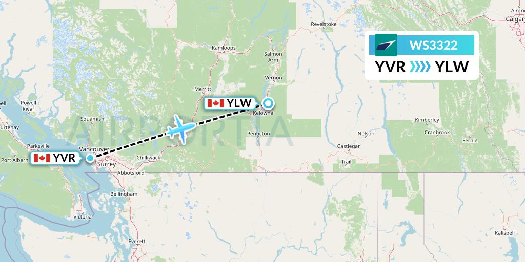 WS3322 WestJet Flight Map: Vancouver to Kelowna