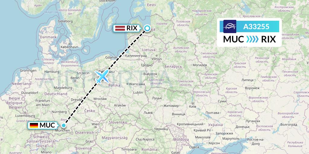 A33255 Aegean Airlines Flight Map: Munich to Riga
