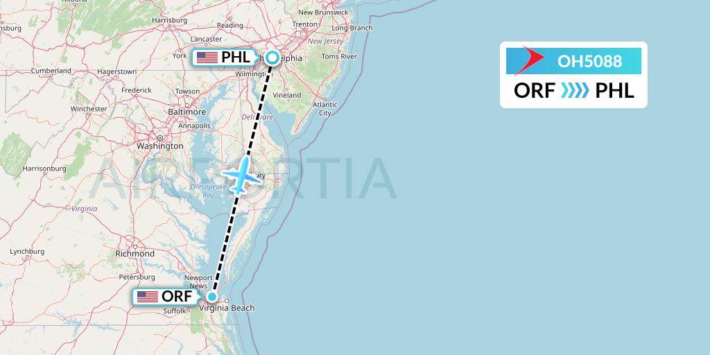OH5088 PSA Airlines Flight Map: Norfolk to Philadelphia