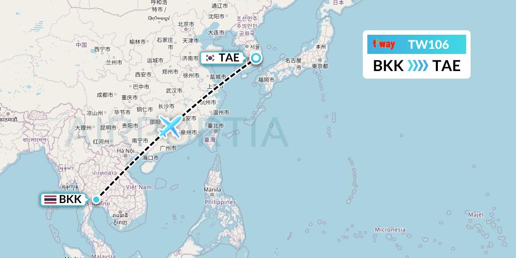 TW106 T'way Air Flight Map: Bangkok to Daegu