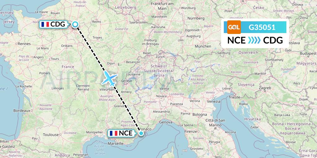 G35051 GOL Transportes Aeros Flight Map: Nice to Paris
