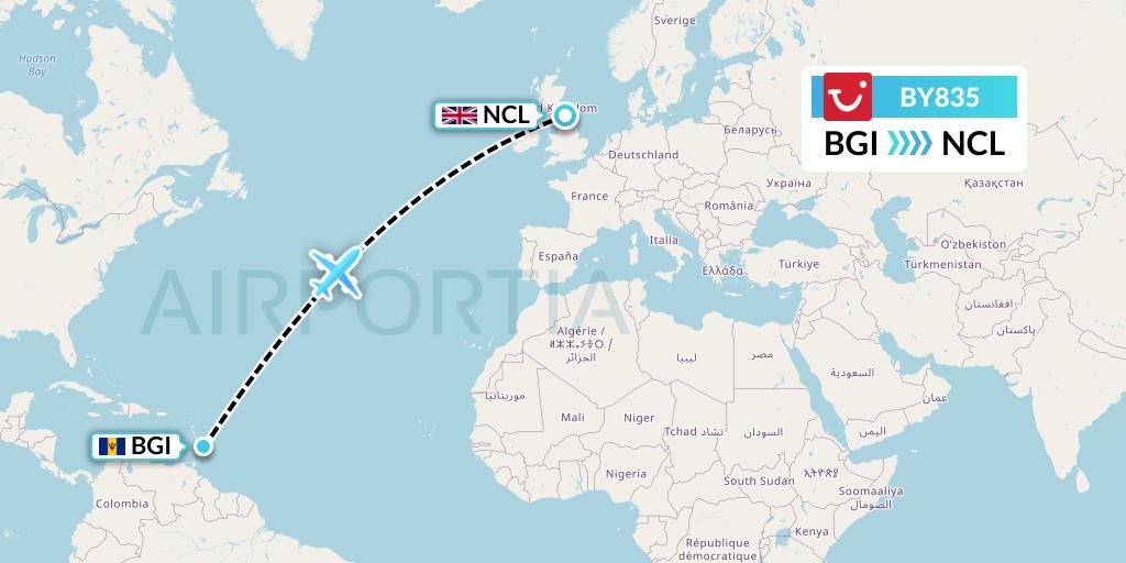 BY835 TUI Airways Flight Map: Bridgetown to Newcastle