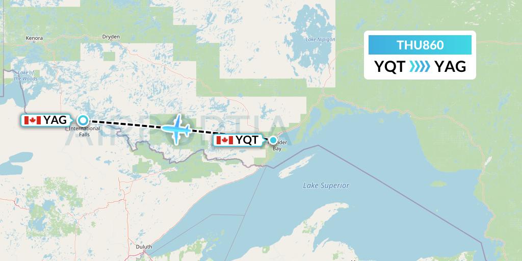 THU860 Thunder Airlines Flight Map: Thunder Bay to Fort Frances