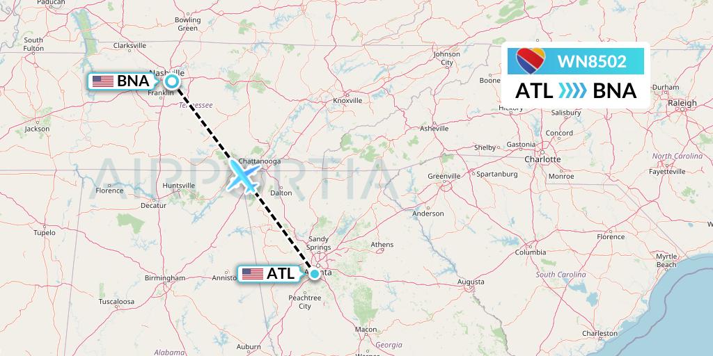 WN8502 Southwest Airlines Flight Map: Atlanta to Nashville