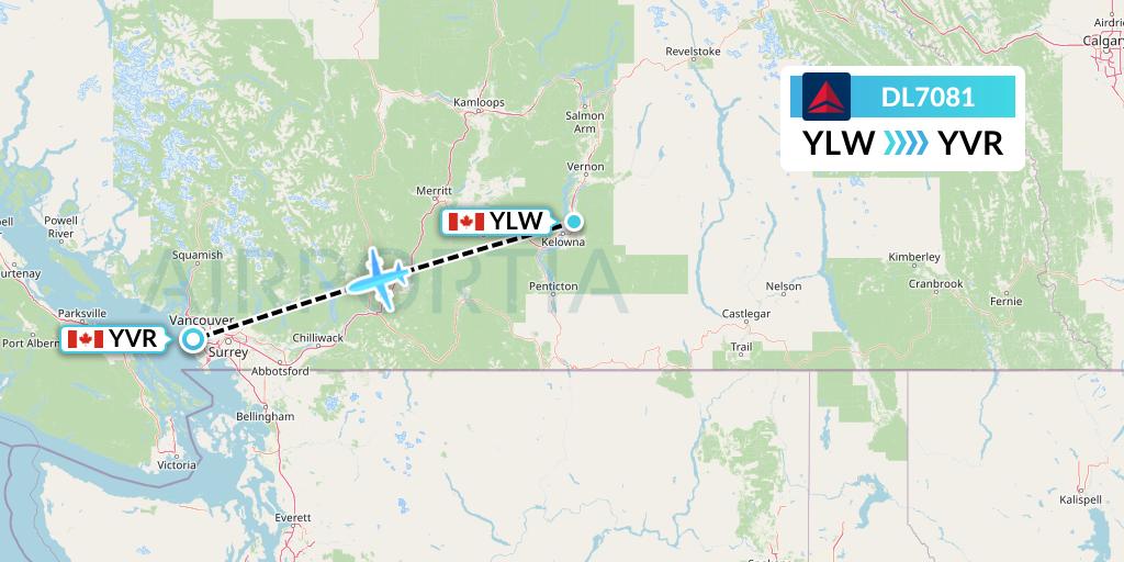 DL7081 Delta Air Lines Flight Map: Kelowna to Vancouver