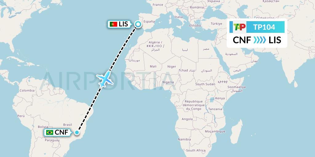 TP104 TAP Portugal Flight Map: Belo Horizonte to Lisbon