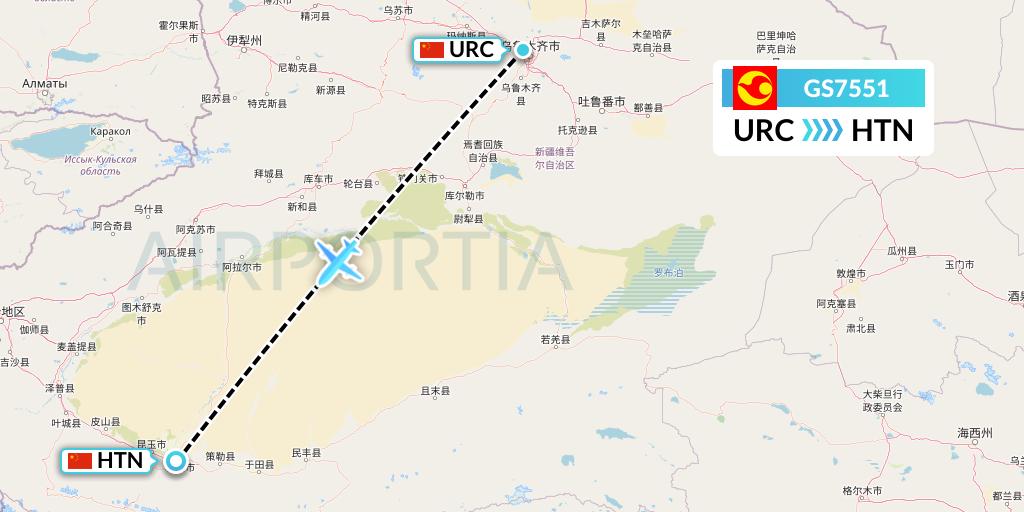 GS7551 Tianjin Airlines Flight Map: Urumqi to Hotan