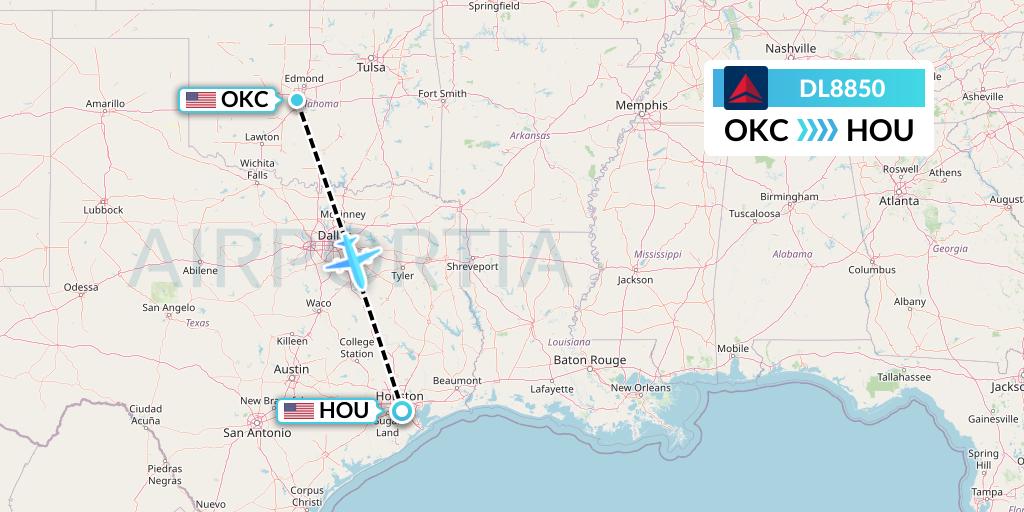 DL8850 Delta Air Lines Flight Map: Oklahoma City to Houston
