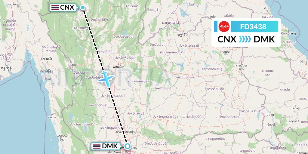 FD3438 Thai AirAsia Flight Map: Chiang Mai to Bangkok