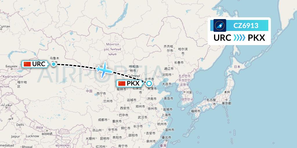 CZ6913 China Southern Airlines Flight Map: Urumqi to Beijing