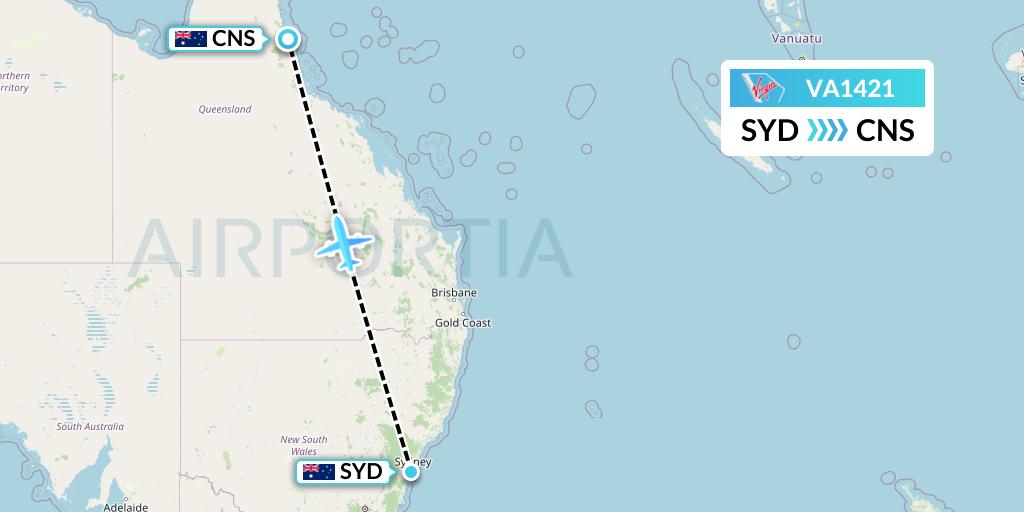 VA1421 Virgin Australia Flight Map: Sydney to Cairns