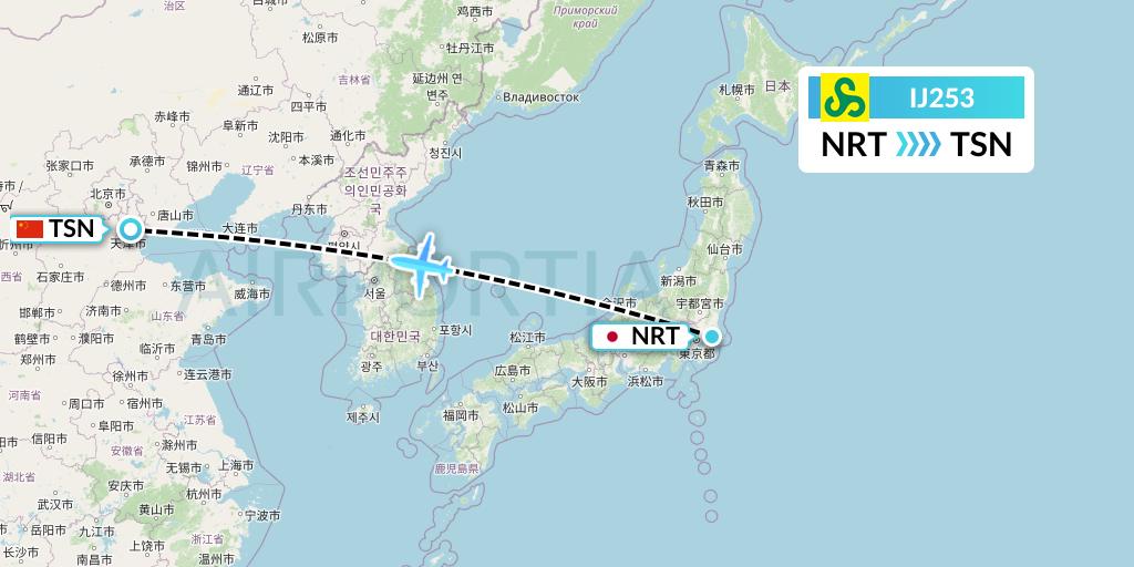 IJ253 Spring Airlines Japan Flight Map: Tokyo to Tianjin