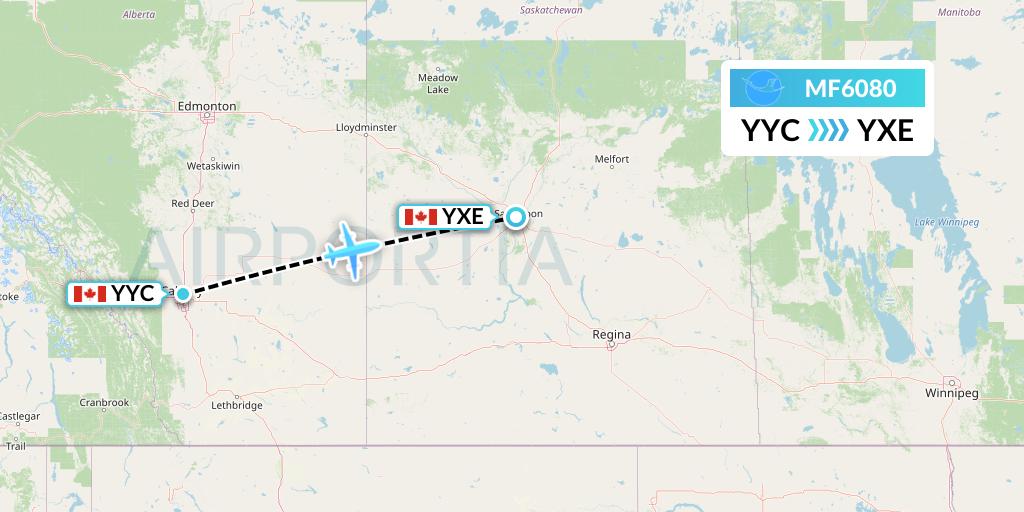 MF6080 Xiamen Airlines Flight Map: Calgary to Saskatoon