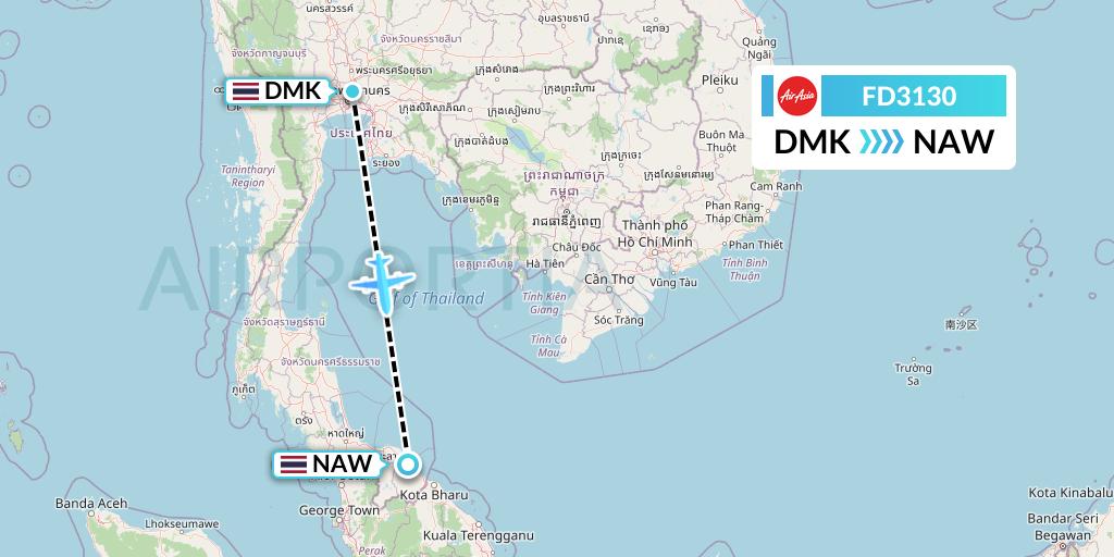 FD3130 Thai AirAsia Flight Map: Bangkok to Narathiwat