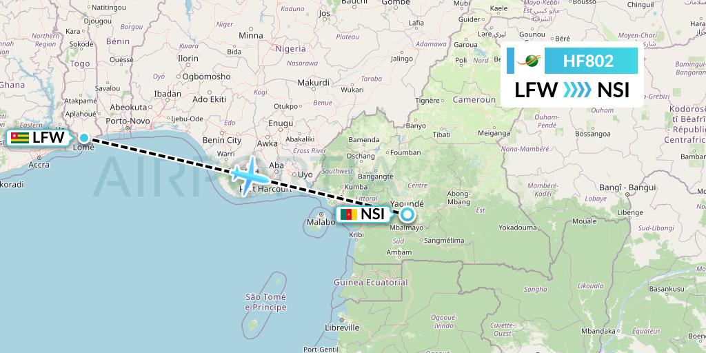 HF802 Air Cote d'Ivoire Flight Map: Lome to Yaounde