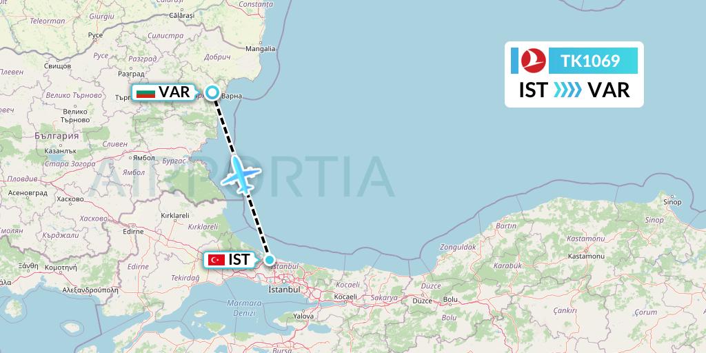 TK1069 Turkish Airlines Flight Map: Istanbul to Varna