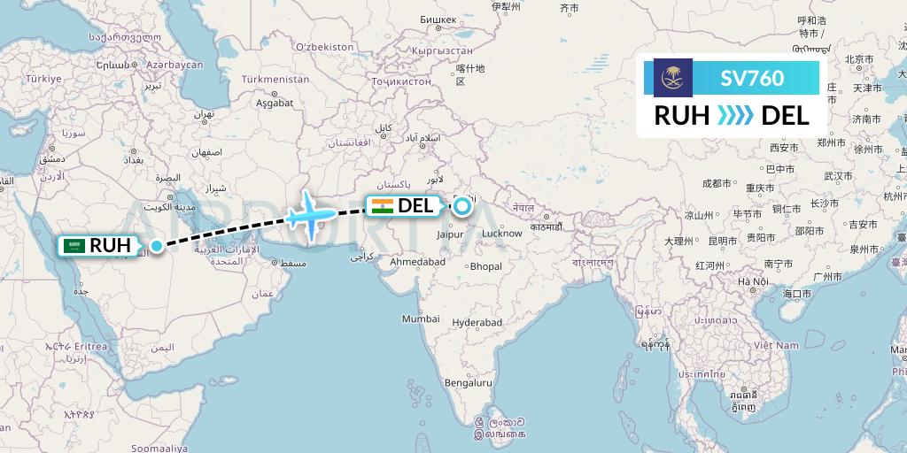 SV760 Saudi Arabian Airlines Flight Map: Riyadh to Delhi