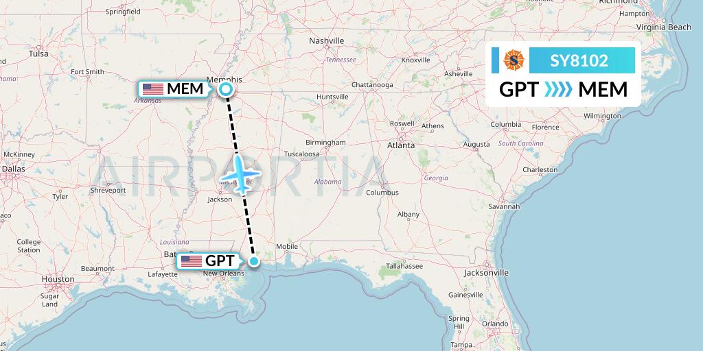 SY8102 Sun Country Airlines Flight Map: Gulfport to Memphis